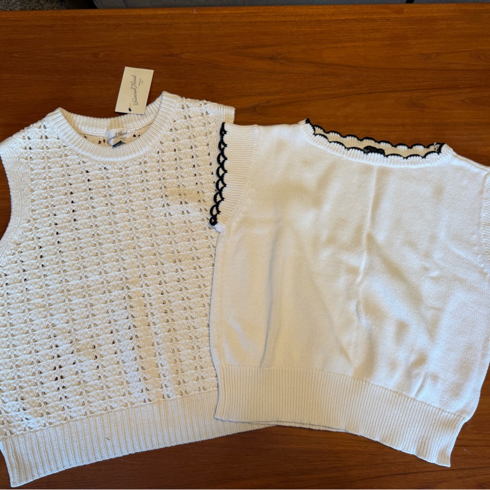 Ann Taylor Scalloped Knit Too and a cream crochet sleeveless knit top.